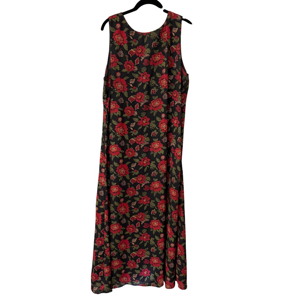 Vintage Fashion Bug Womens Dark Floral Sleeveless Maxi Dress Size 16 Black Red